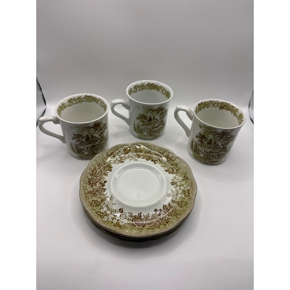 J&G Meakin Romantic England Anne Hathaway Cottage Tea Cup Saucer Green Set